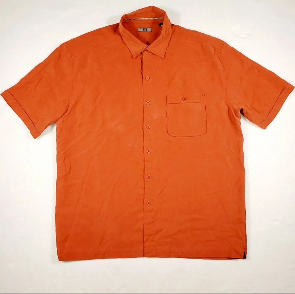 REI Mens Size Large Short Sleeve Shirt Orange Button Down Hiking Camping Outdoor